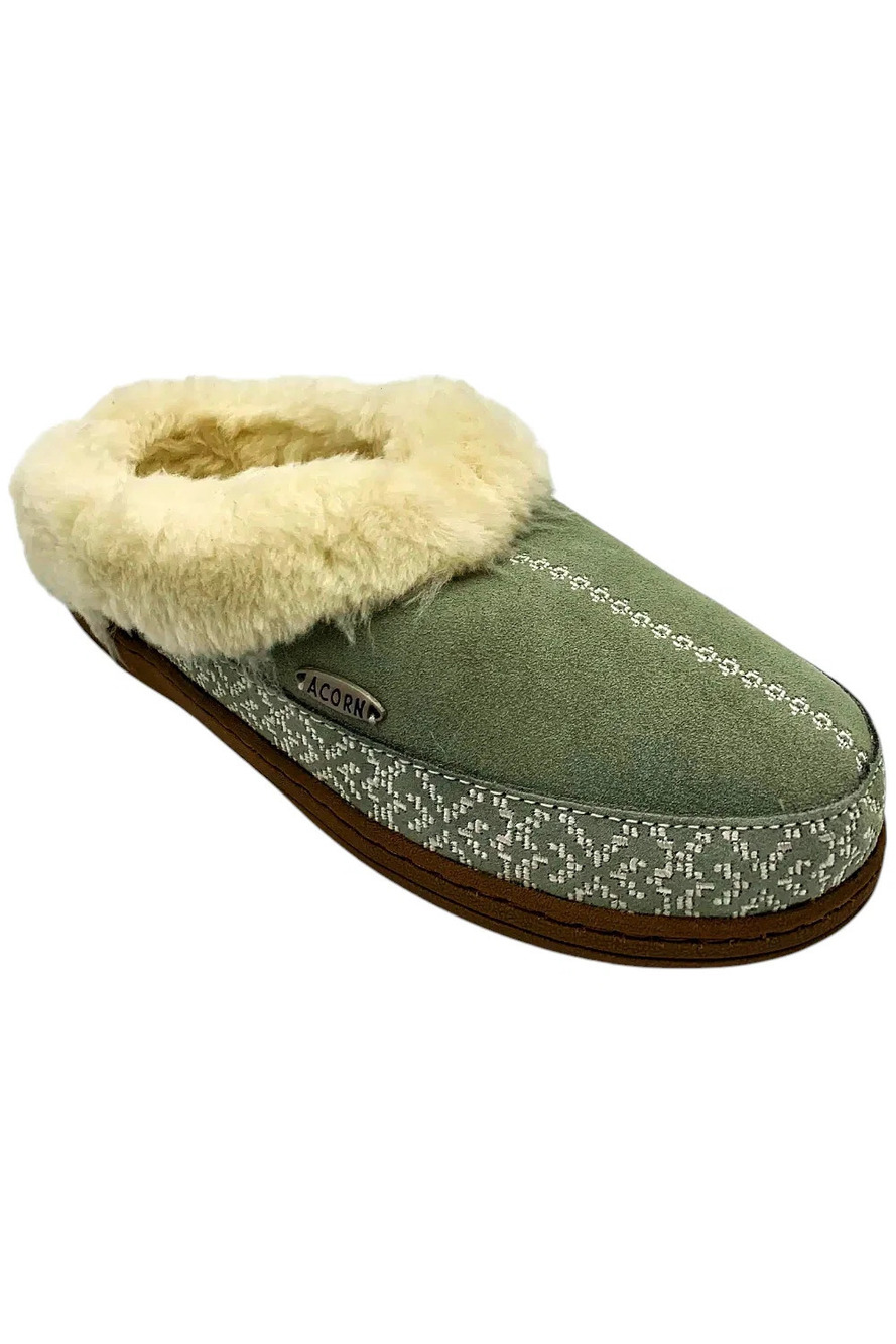 Acorn Embroidered Suede Hoodback Slippers Desert Sage Med - S